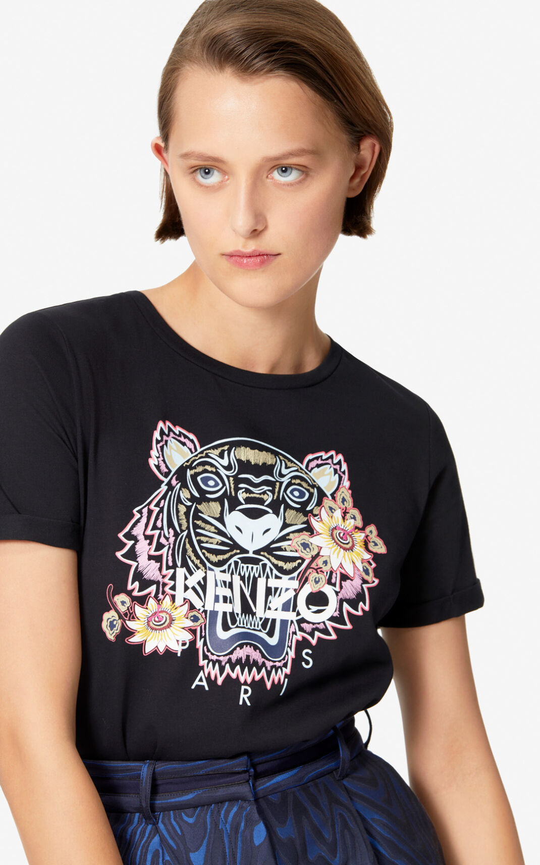 Kenzo Passion Flower Tiger Camisetas Mujer Negras | 9062431-WO